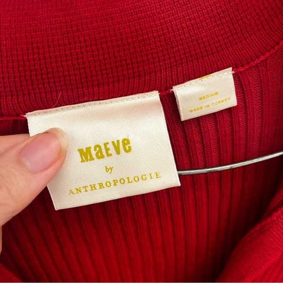Anthropologie Maeve Ribbed Red V-Neck Sweater with Gold Button Bell Sleeves M - Picture 3 of 4